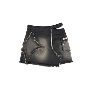 Midnight Star Distressed Black Denim Cutout Asymmetric Mini Skirt