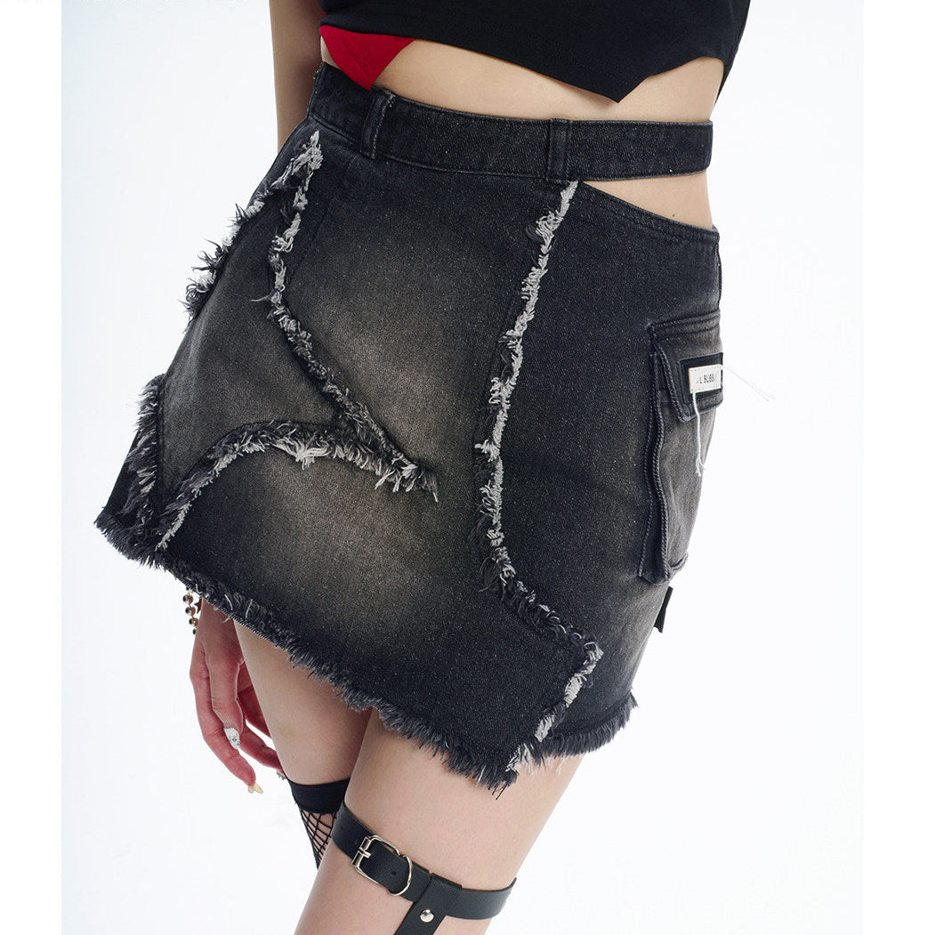 Midnight Star Distressed Black Denim Cutout Asymmetric Mini Skirt