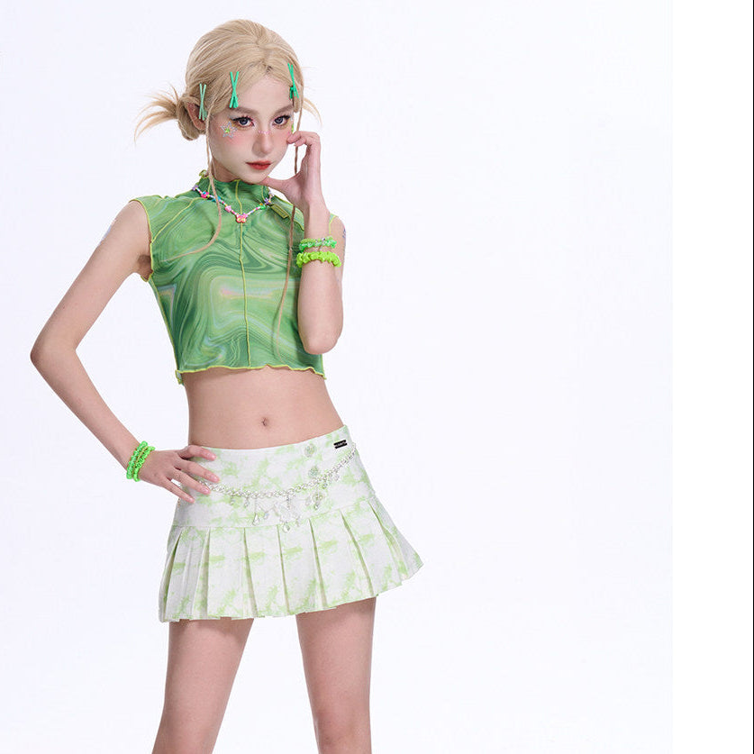 Mint Green Watercolor Low-Rise Pleated Button Mini Skort