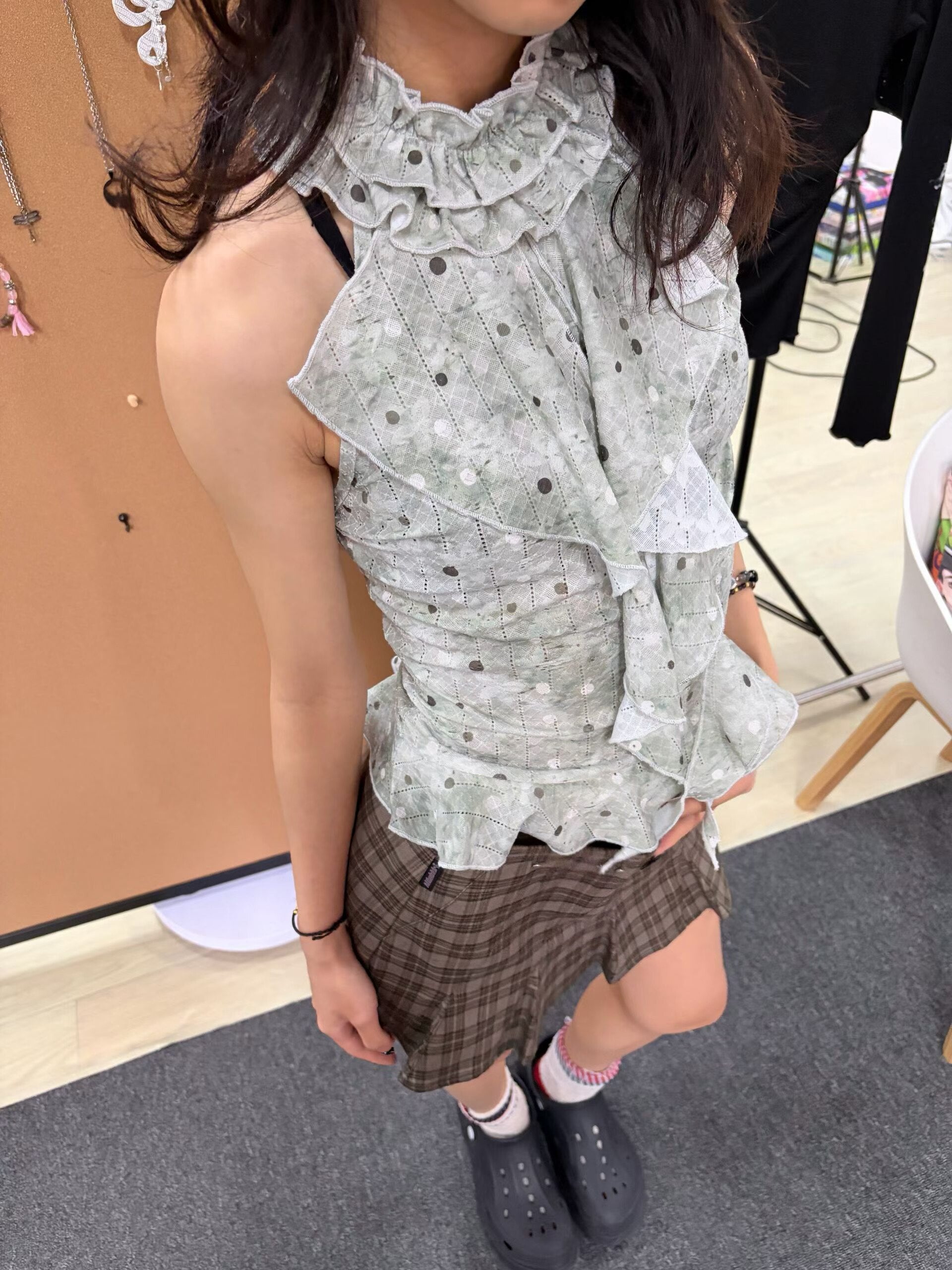 Mist Grey-Green Polka Dot Layered Ruffle Halter Top