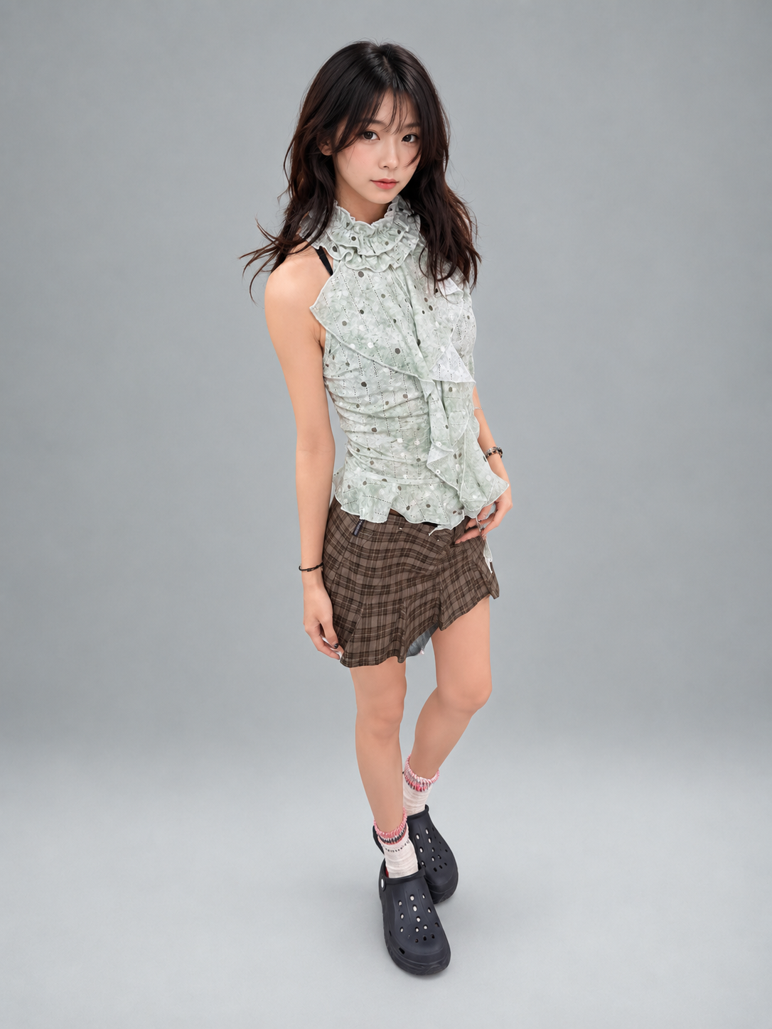 Mist Grey-Green Polka Dot Layered Ruffle Halter Top
