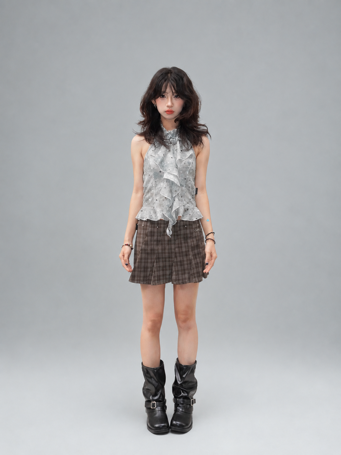 Mist Grey-Green Polka Dot Layered Ruffle Halter Top