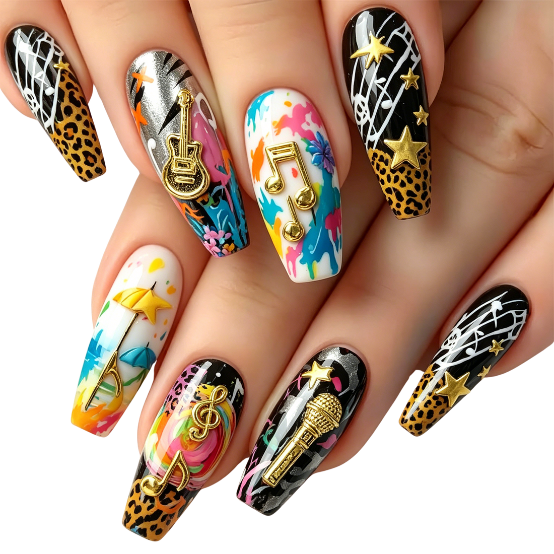 Music Theme 3D Nail Art Decorations Metallic Musical Notes Guitars Microphones Stars DIY Party Festival Manicure