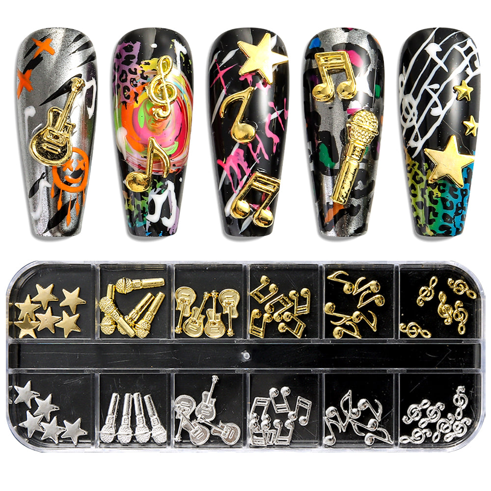 Music Theme 3D Nail Art Decorations Metallic Musical Notes Guitars Microphones Stars DIY Party Festival Manicure