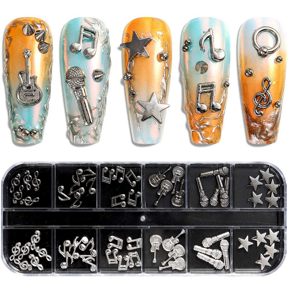 Music Theme 3D Nail Art Decorations Metallic Musical Notes Guitars Microphones Stars DIY Party Festival Manicure