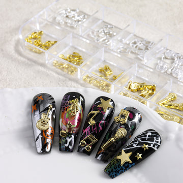 Music Theme 3D Nail Art Decorations Metallic Musical Notes Guitars Microphones Stars DIY Party Festival Manicure