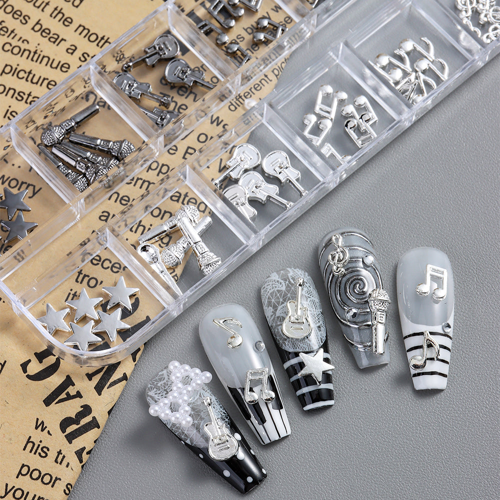 Music Theme 3D Nail Art Decorations Metallic Musical Notes Guitars Microphones Stars DIY Party Festival Manicure