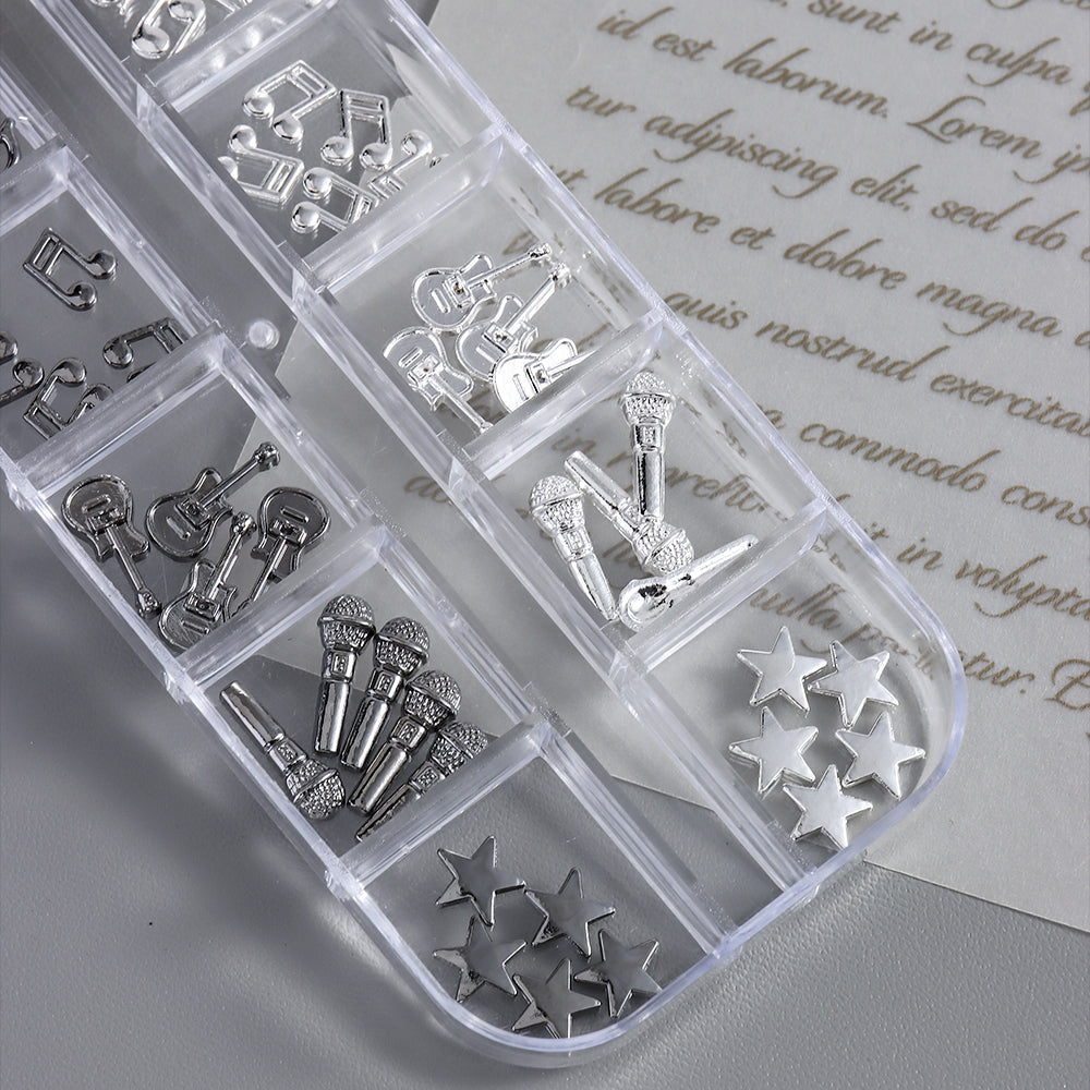 Music Theme 3D Nail Art Decorations Metallic Musical Notes Guitars Microphones Stars DIY Party Festival Manicure