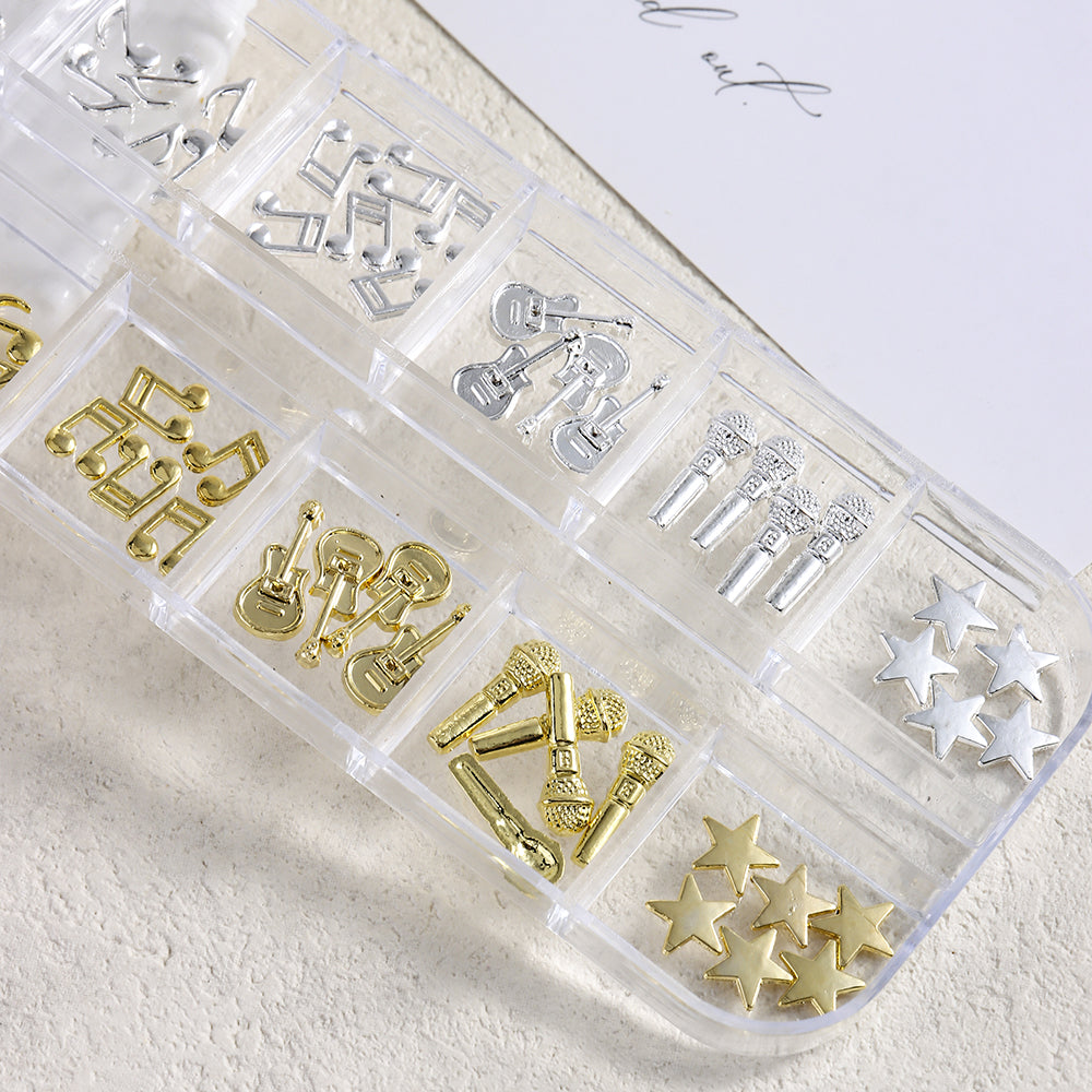 Music Theme 3D Nail Art Decorations Metallic Musical Notes Guitars Microphones Stars DIY Party Festival Manicure
