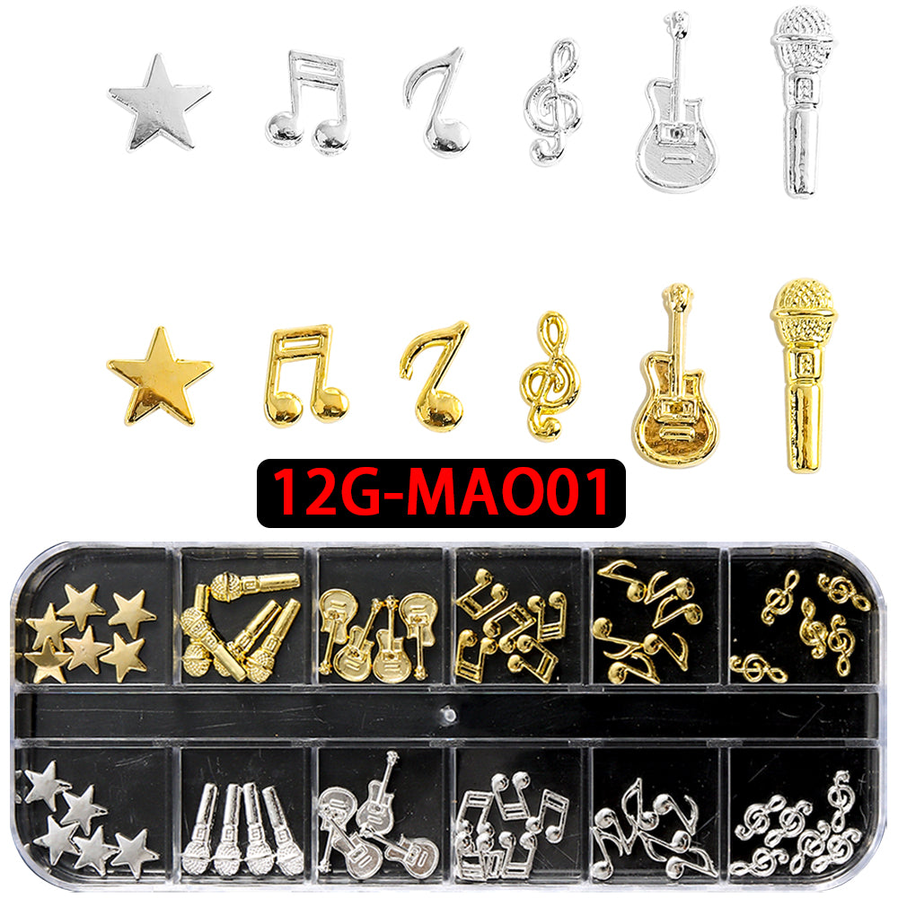 Music Theme 3D Nail Art Decorations Metallic Musical Notes Guitars Microphones Stars DIY Party Festival Manicure