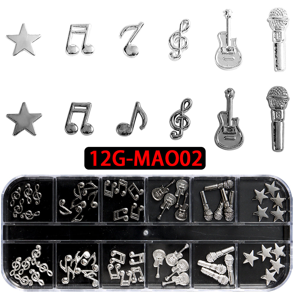 Music Theme 3D Nail Art Decorations Metallic Musical Notes Guitars Microphones Stars DIY Party Festival Manicure