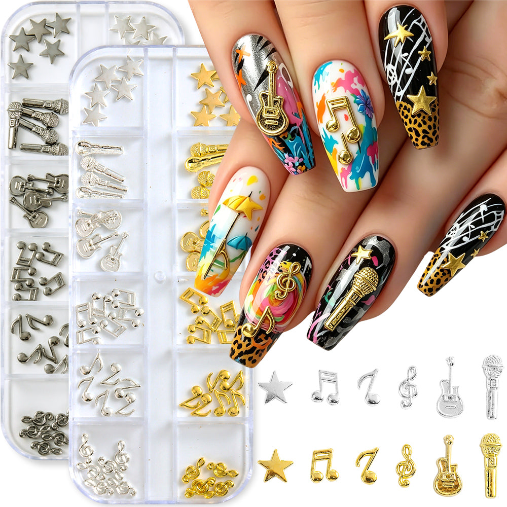 Music Theme 3D Nail Art Decorations Metallic Musical Notes Guitars Microphones Stars DIY Party Festival Manicure