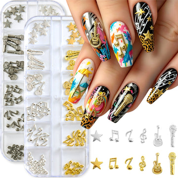 Music Theme 3D Nail Art Decorations Metallic Musical Notes Guitars Microphones Stars DIY Party Festival Manicure