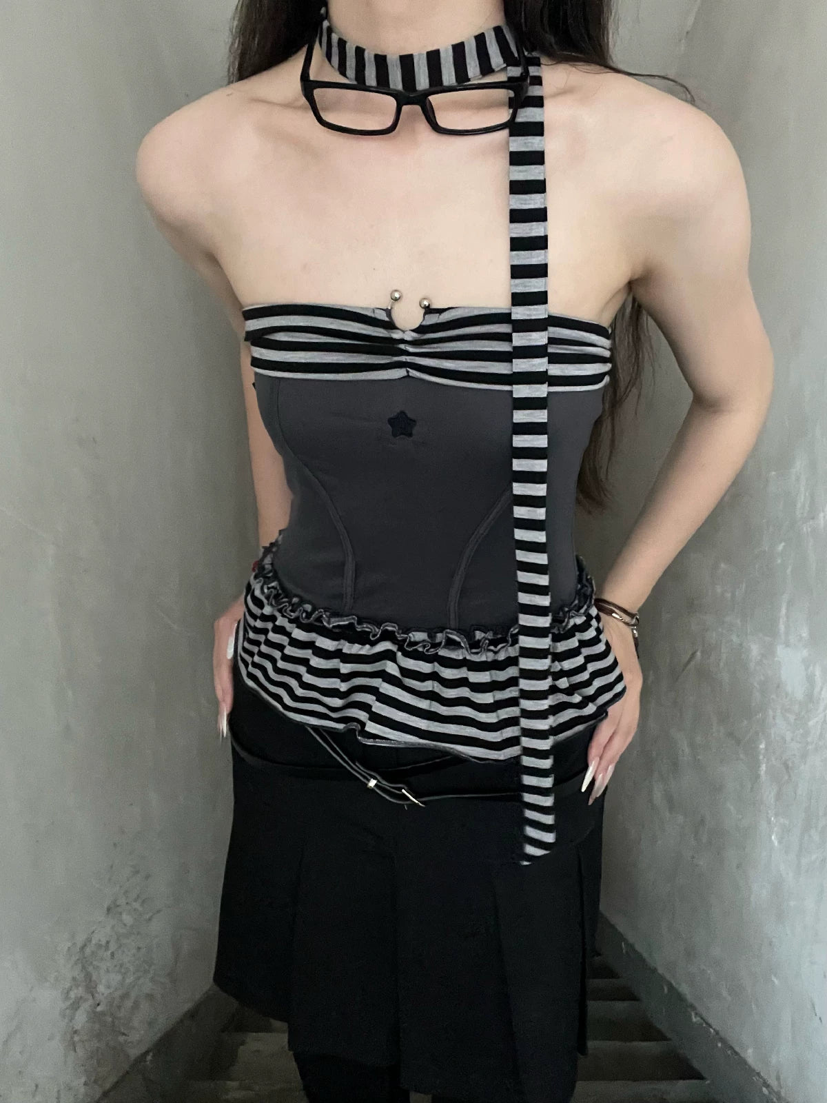 Mystic Star Grey Black Striped Embroidered Peplum Tube Top with Neck Scarf