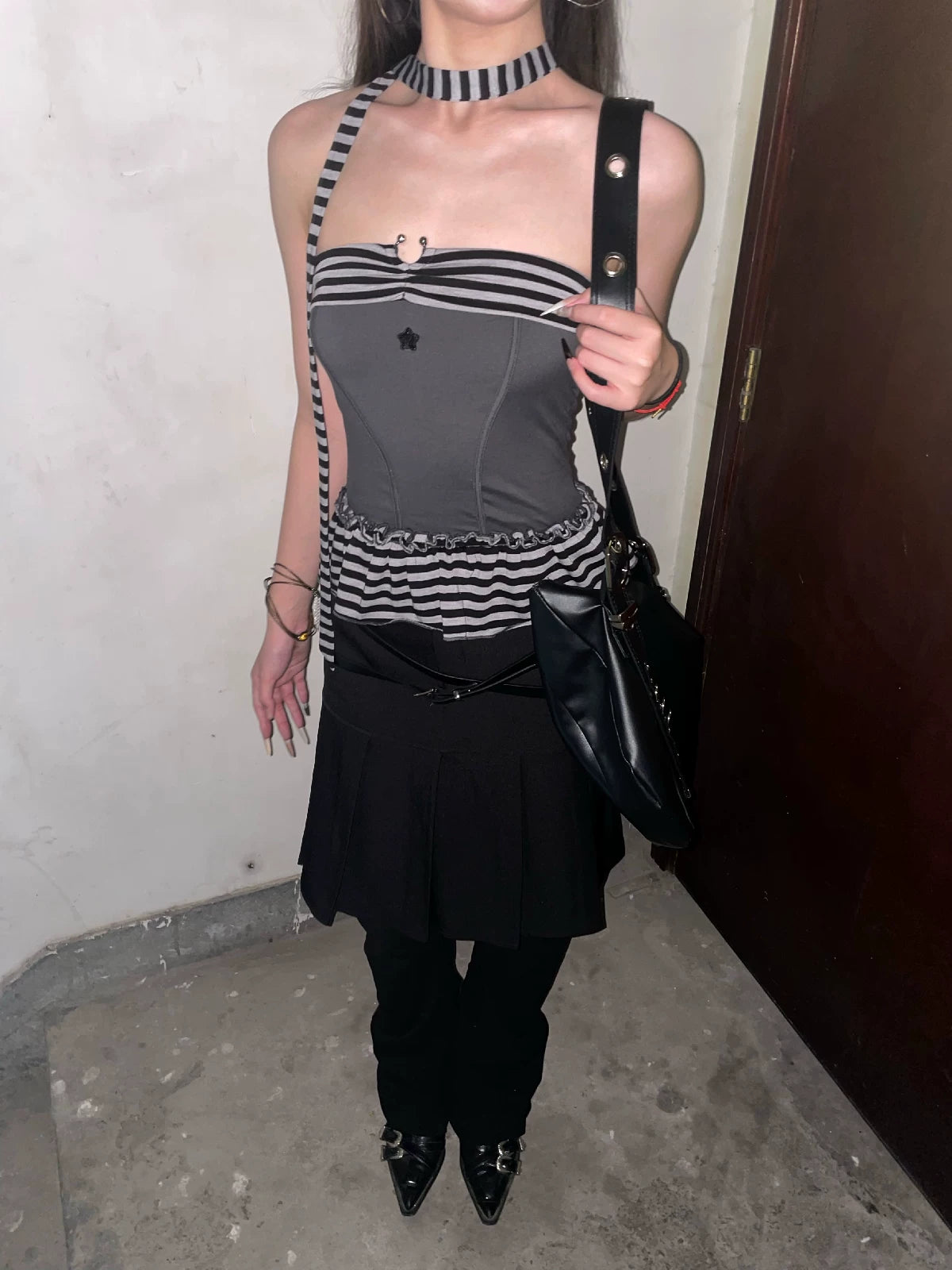 Mystic Star Grey Black Striped Embroidered Peplum Tube Top with Neck Scarf