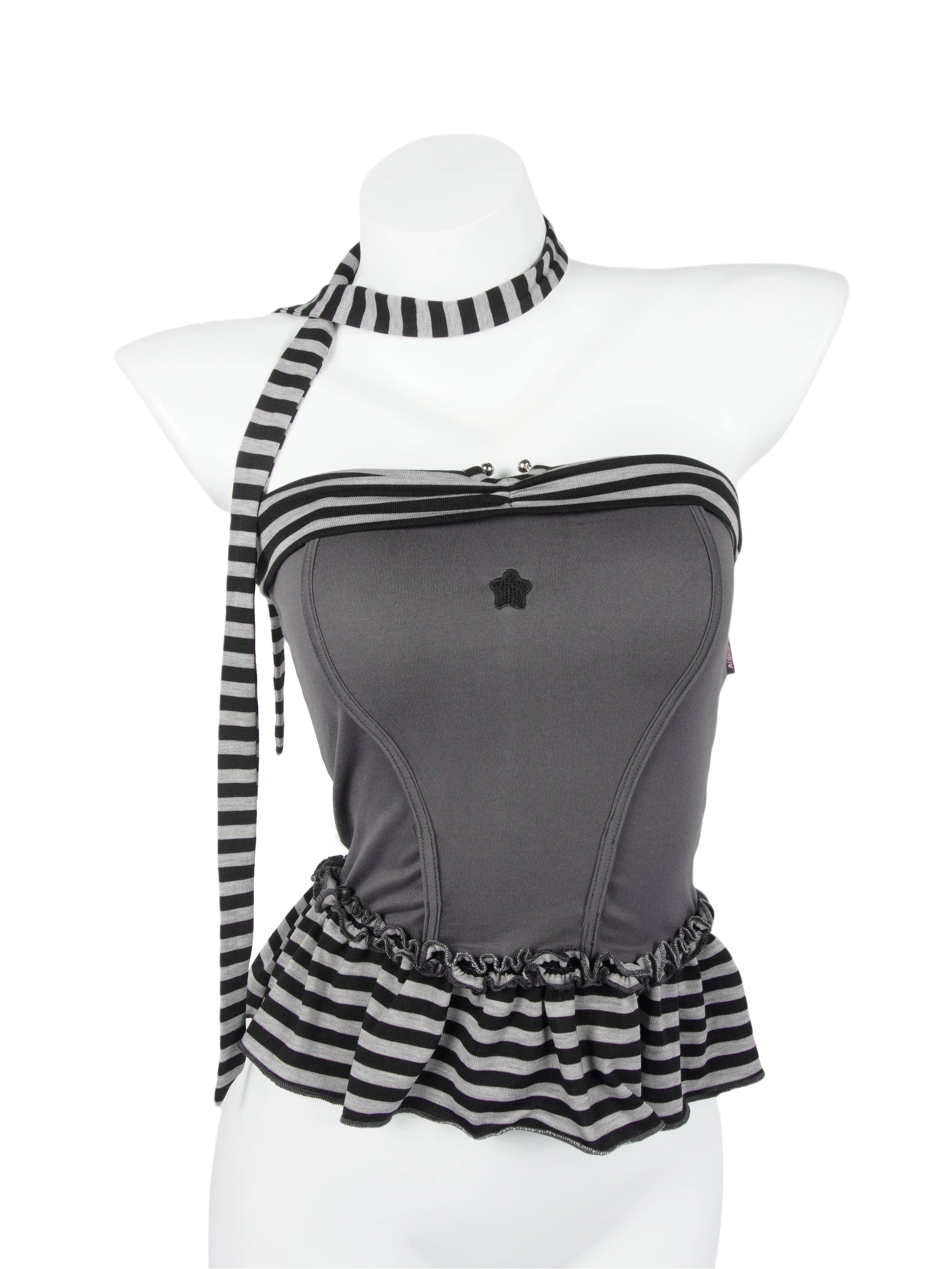 Mystic Star Grey Black Striped Embroidered Peplum Tube Top with Neck Scarf