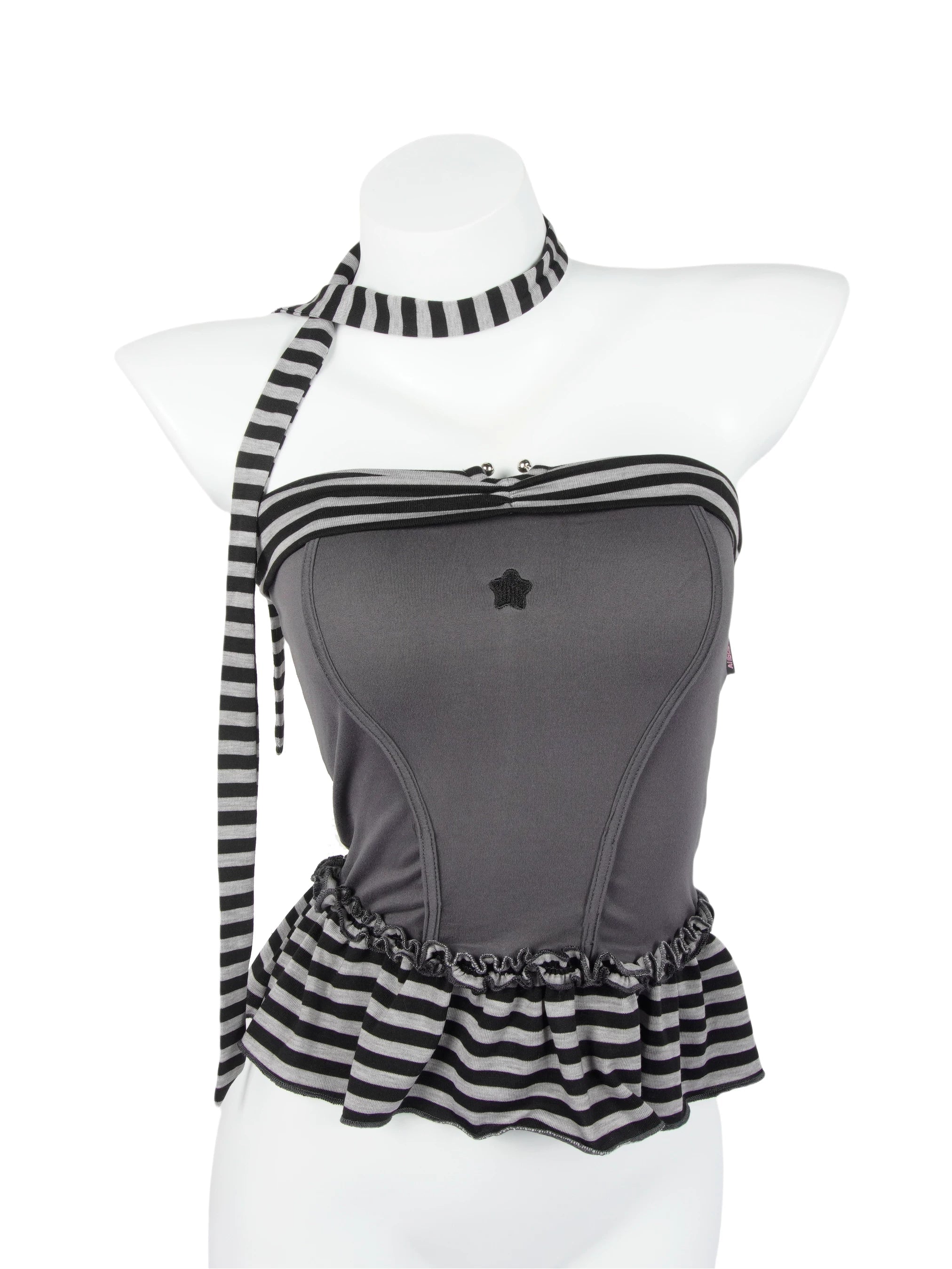 Mystic Star Grey Black Striped Embroidered Peplum Tube Top with Neck Scarf