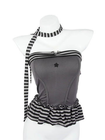 Mystic Star Grey Black Striped Embroidered Peplum Tube Top with Neck Scarf