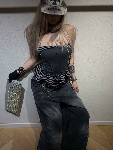 Mystic Star Grey Black Striped Embroidered Peplum Tube Top with Neck Scarf