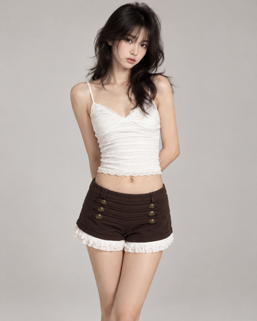 Napoleon Brown Buttoned Lace-Trim Low-Rise Shorts
