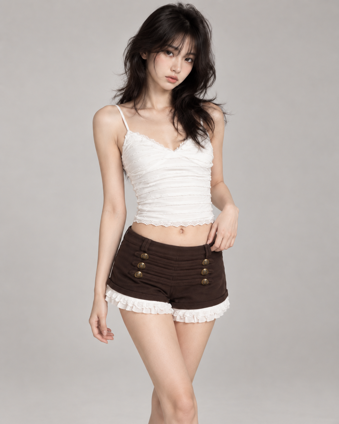 Napoleon Brown Buttoned Lace-Trim Low-Rise Shorts
