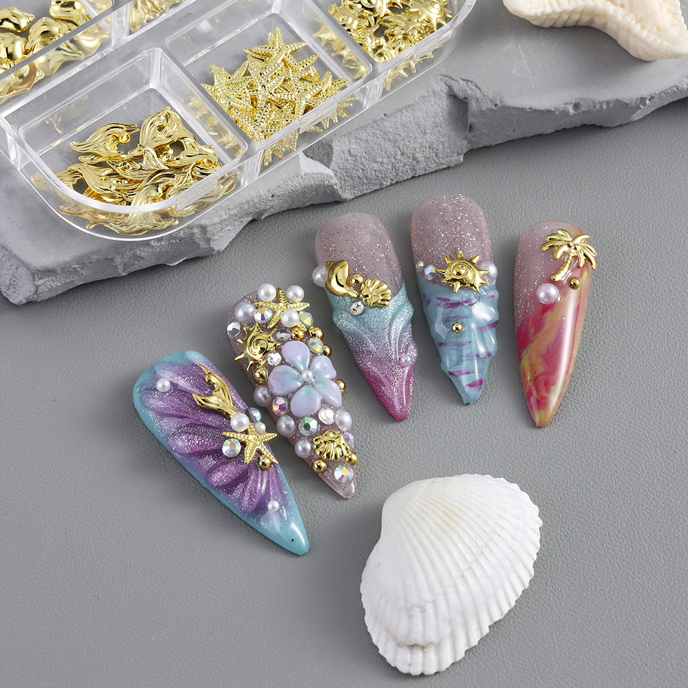 Ocean Themed Mixed Nail Decorations Seahorse Starfish Shell Gold Silver Nail Art