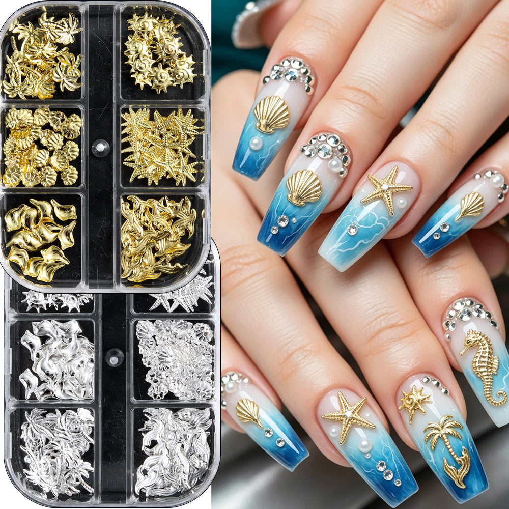 Ocean Themed Mixed Nail Decorations Seahorse Starfish Shell Gold Silver Nail Art