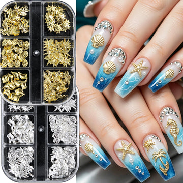Ocean Themed Mixed Nail Decorations Seahorse Starfish Shell Gold Silver Nail Art