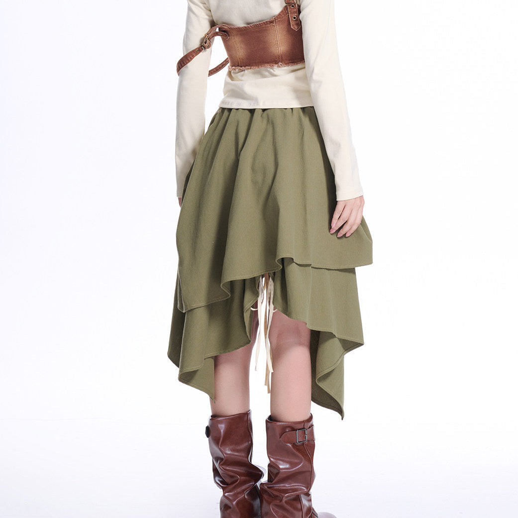 Olive Green Asymmetric Layered Ruched Drawstring Midi Skirt