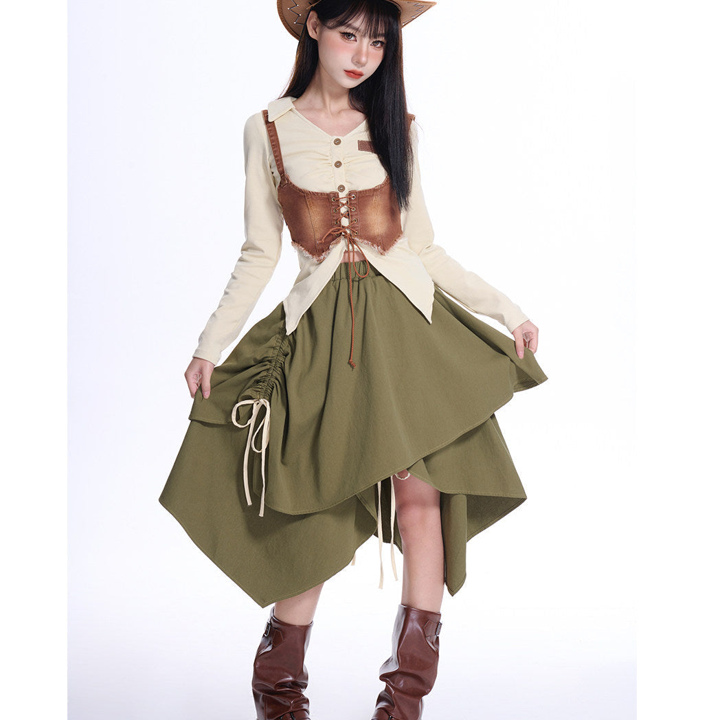 Olive Green Asymmetric Layered Ruched Drawstring Midi Skirt
