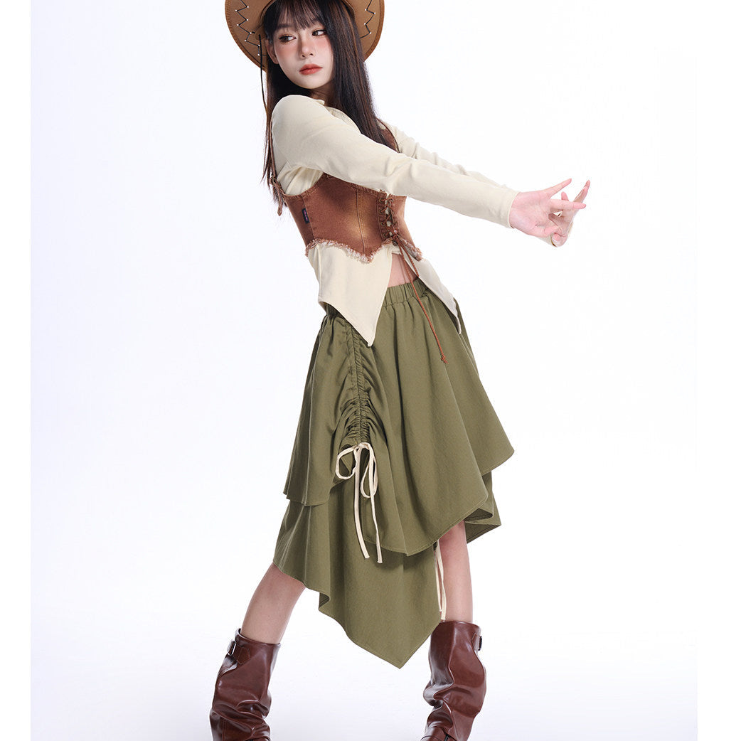 Olive Green Asymmetric Layered Ruched Drawstring Midi Skirt