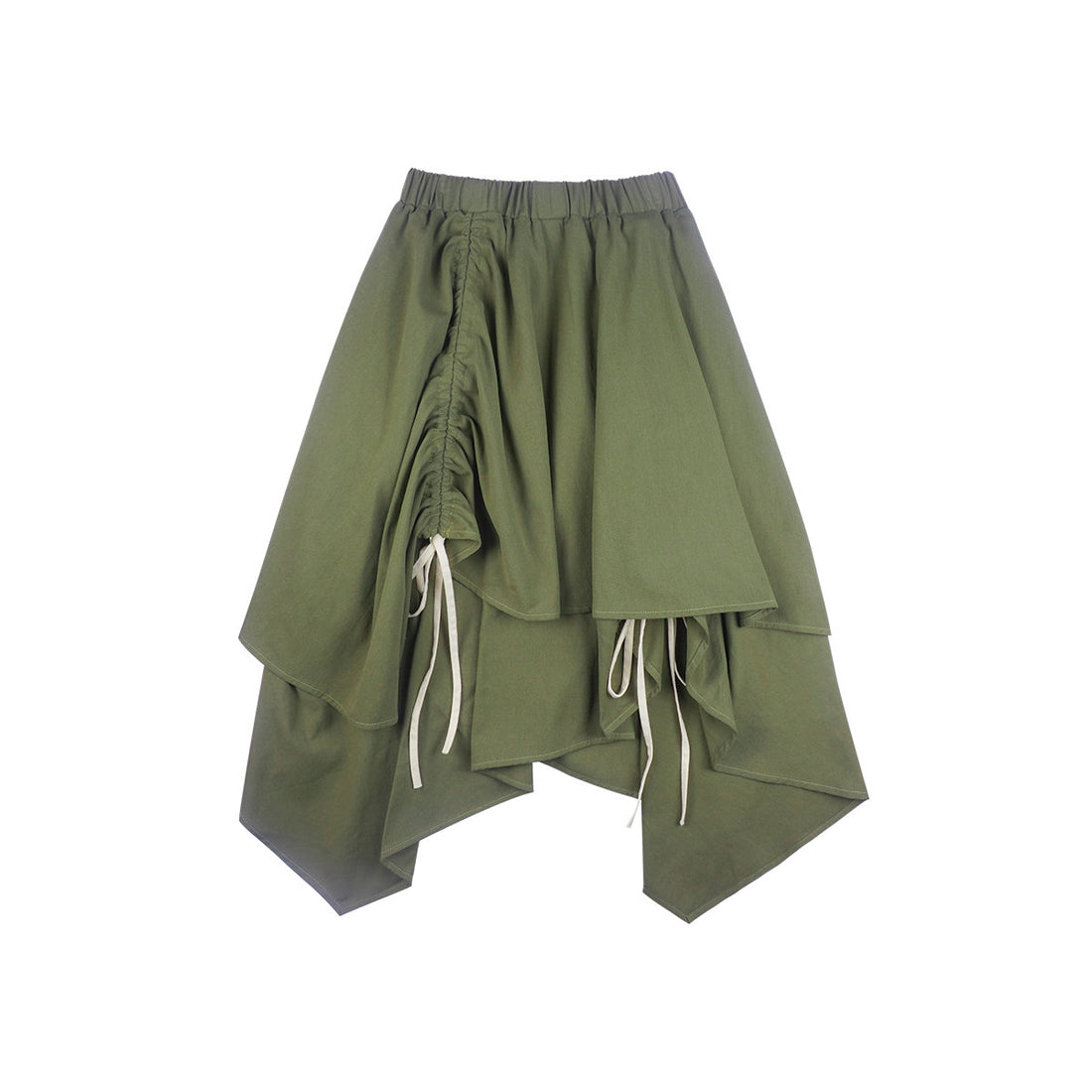 Olive Green Asymmetric Layered Ruched Drawstring Midi Skirt