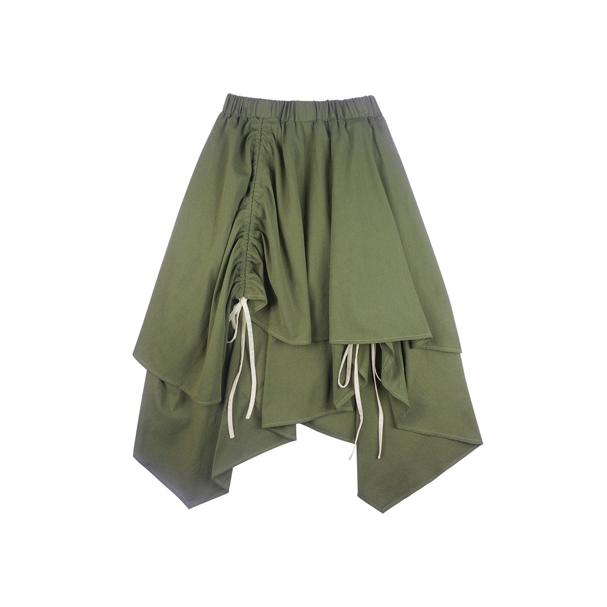Olive Green Asymmetric Layered Ruched Drawstring Midi Skirt