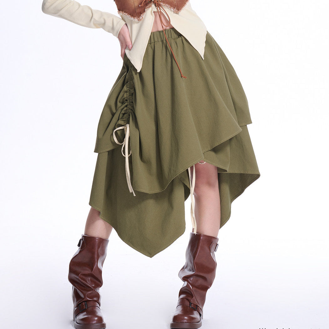 Olive Green Asymmetric Layered Ruched Drawstring Midi Skirt