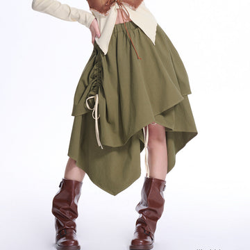 Olive Green Asymmetric Layered Ruched Drawstring Midi Skirt