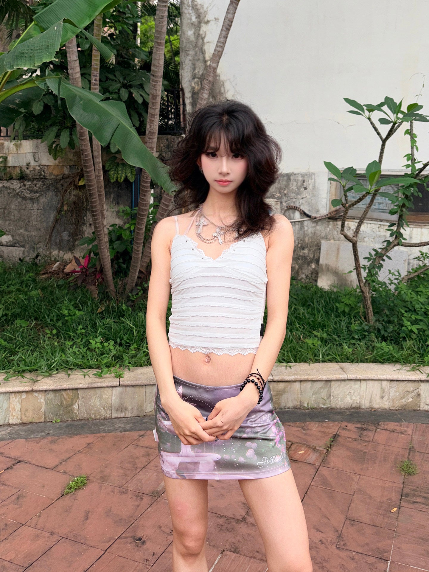 Original White Silver-Stripe Lace Rhinestone Fitted Camisole Top