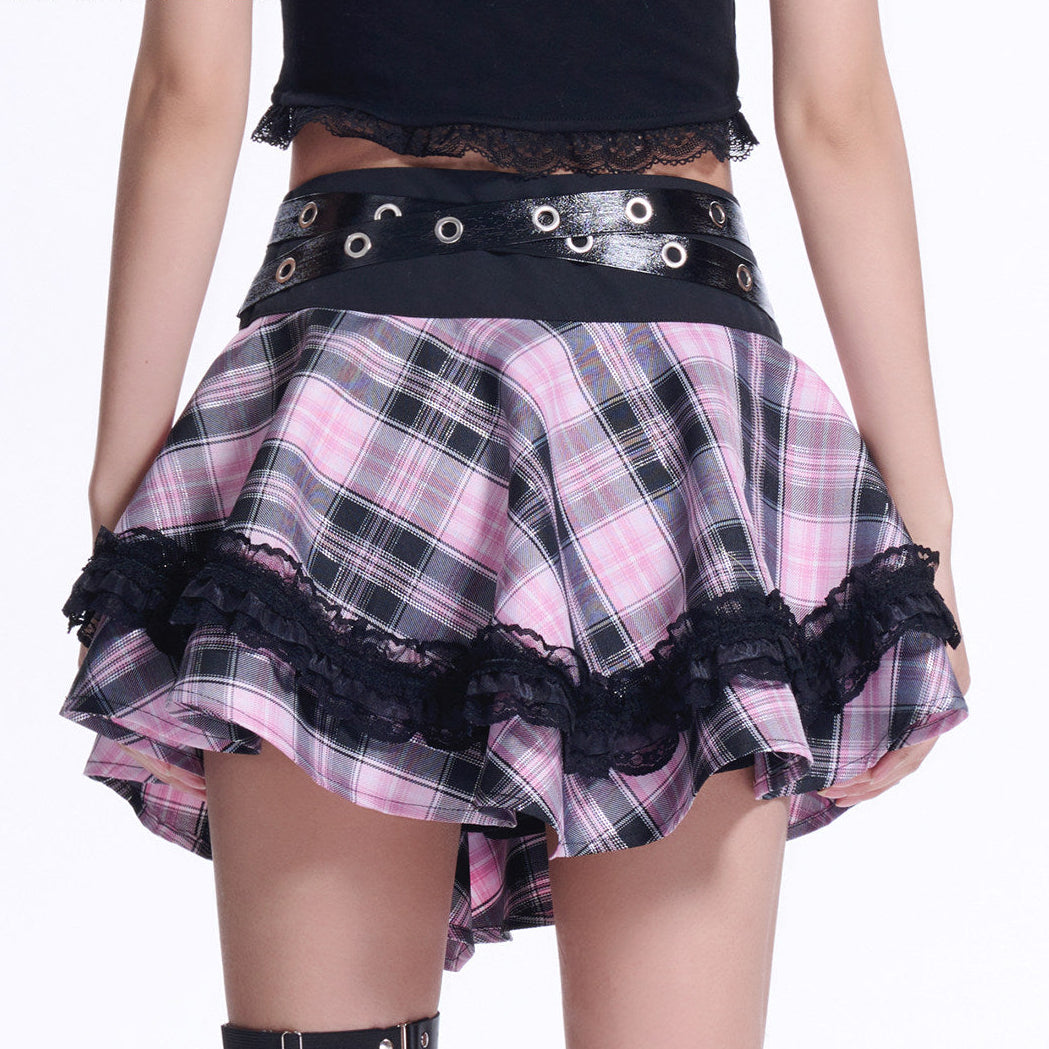 Pink Black Plaid Lace Studded Belt Tiered Ruffle Mini Skirt