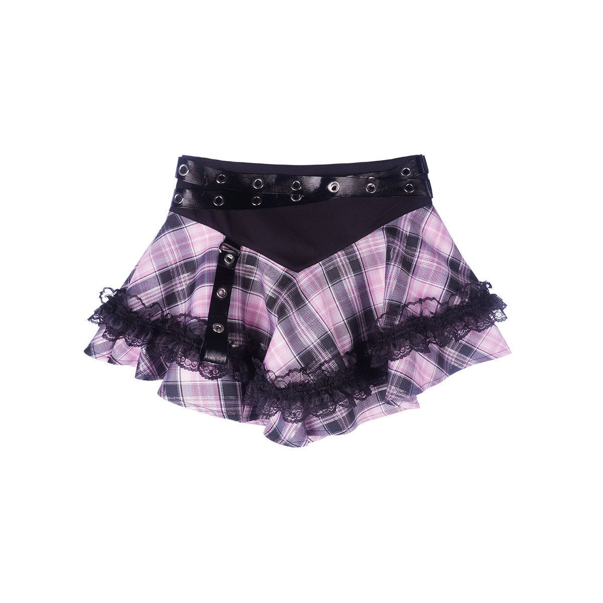 Pink Black Plaid Lace Studded Belt Tiered Ruffle Mini Skirt
