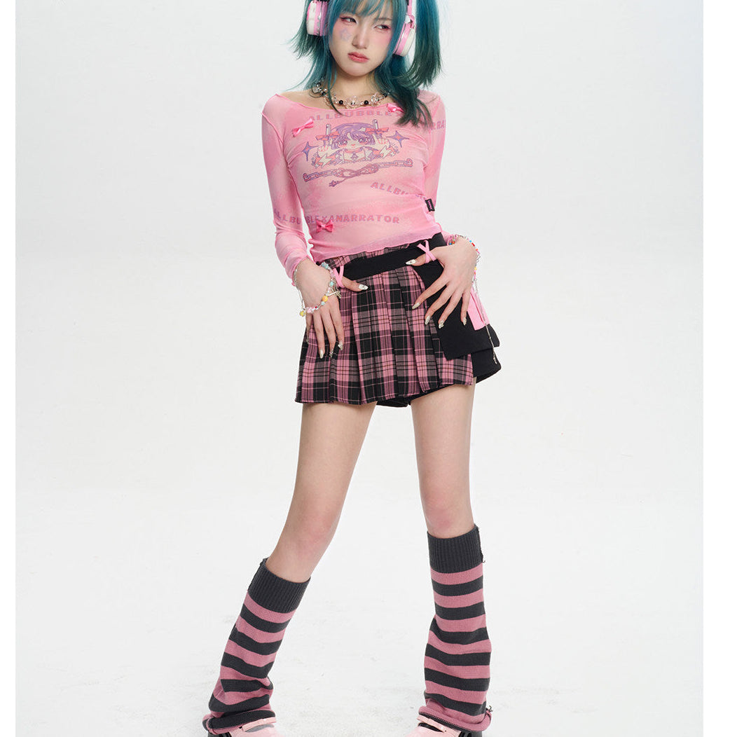 Pink Black Plaid Pleated Cargo Pocket Bow Y2K Mini Skort