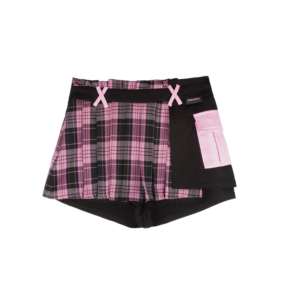 Pink Black Plaid Pleated Cargo Pocket Bow Y2K Mini Skort