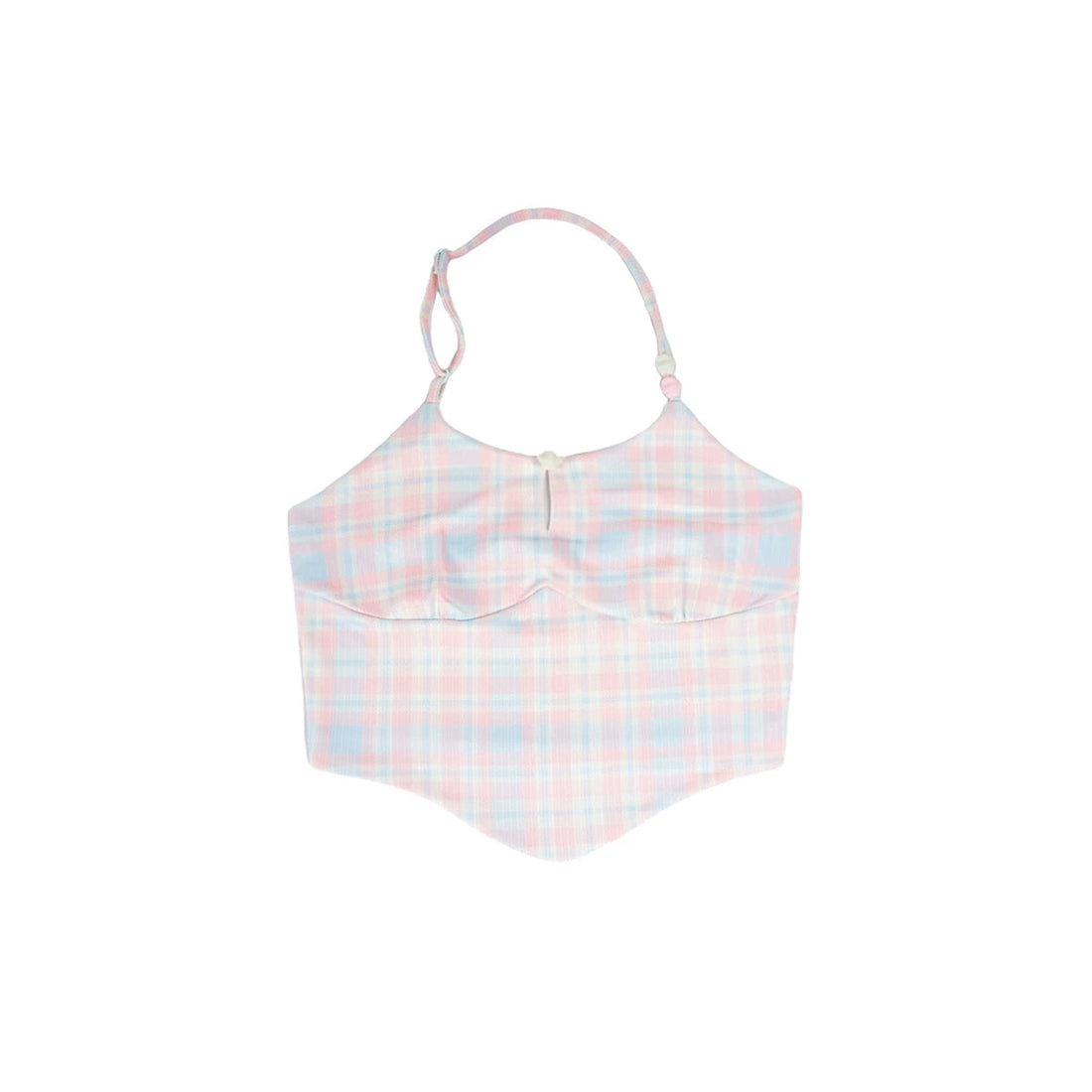 Pink Blue Pastel Plaid Halter Fitted Pointed-Hem Crop Top