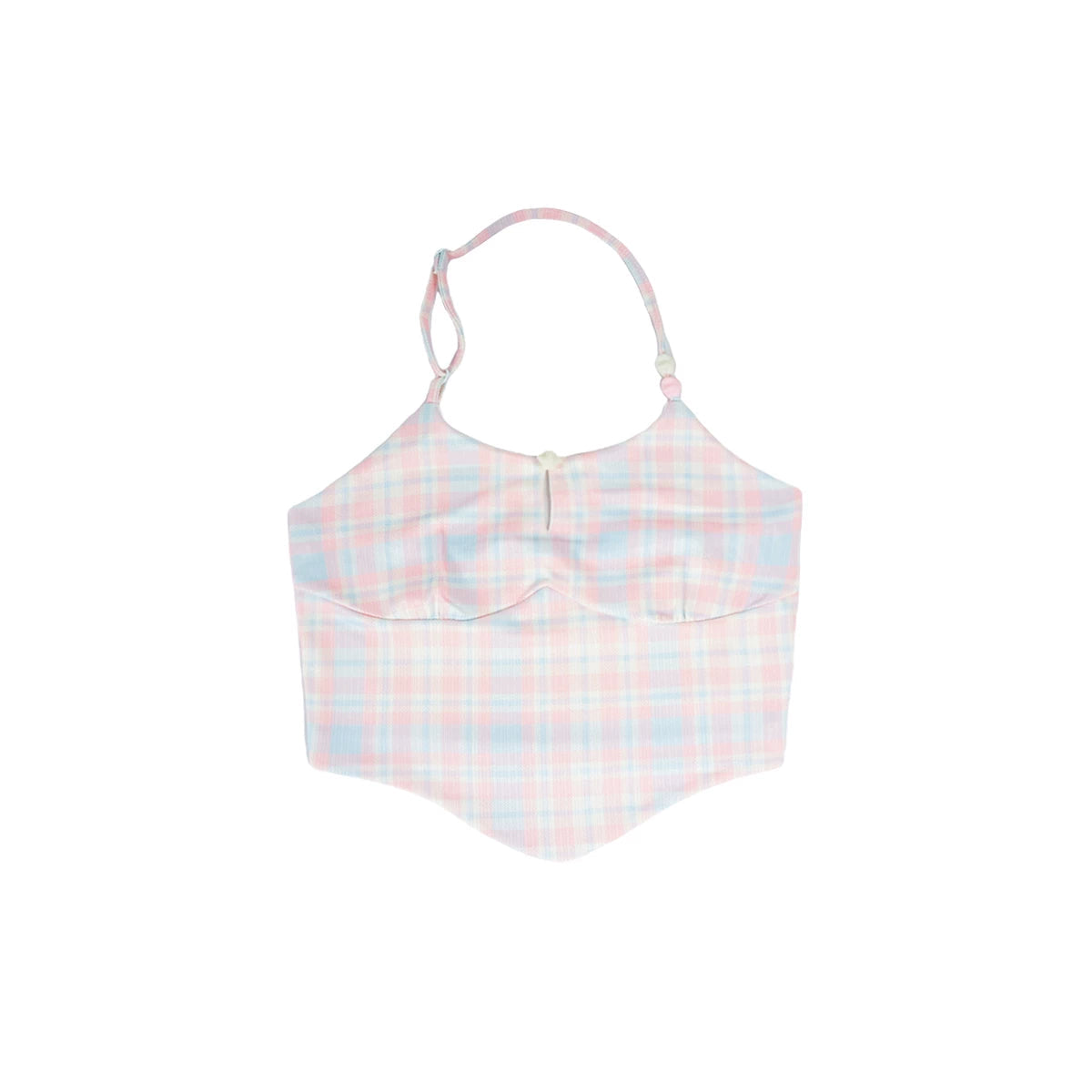 Pink Blue Pastel Plaid Halter Fitted Pointed-Hem Crop Top