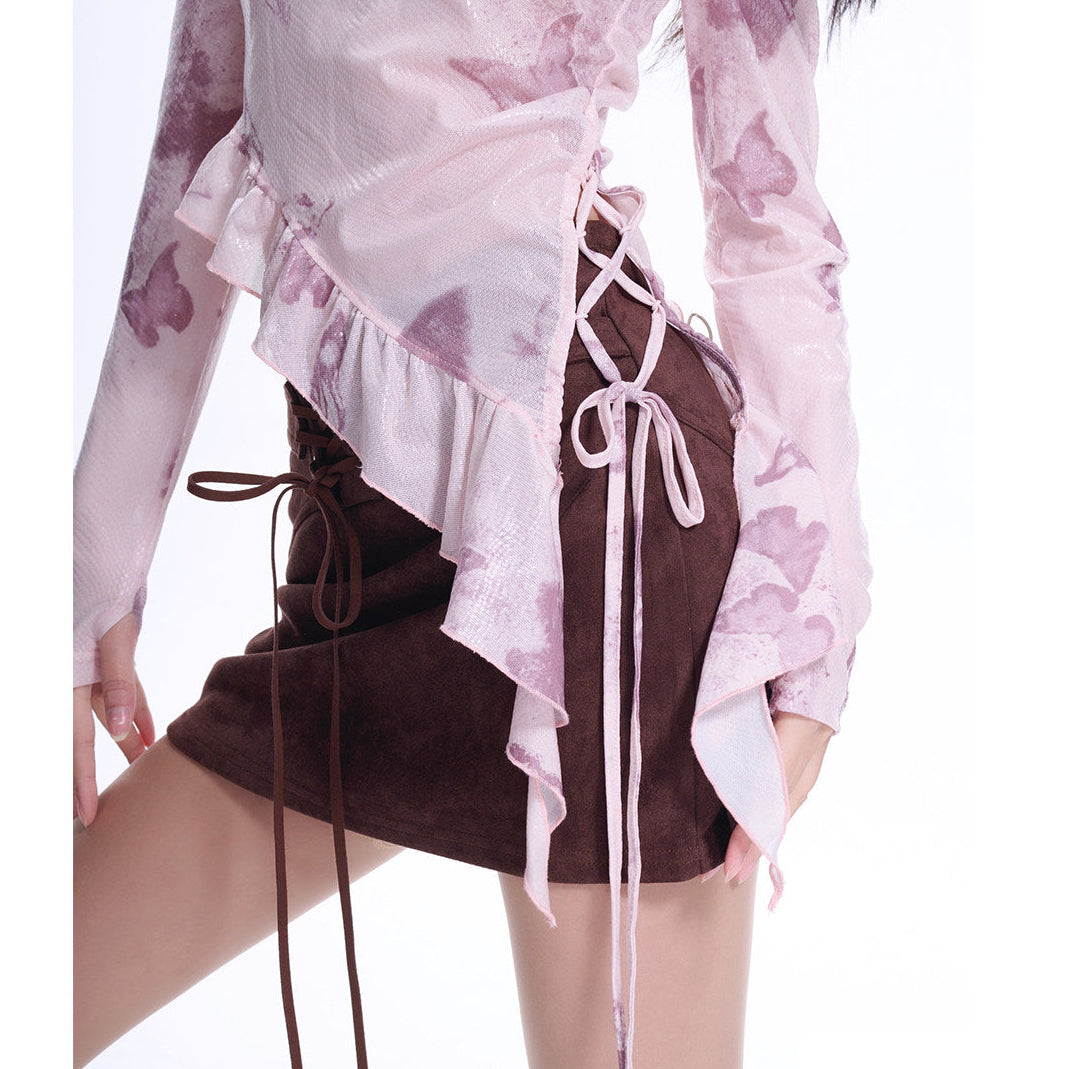Pink Butterfly Print Shimmer Mesh High-Neck Asymmetric Ruffle Top