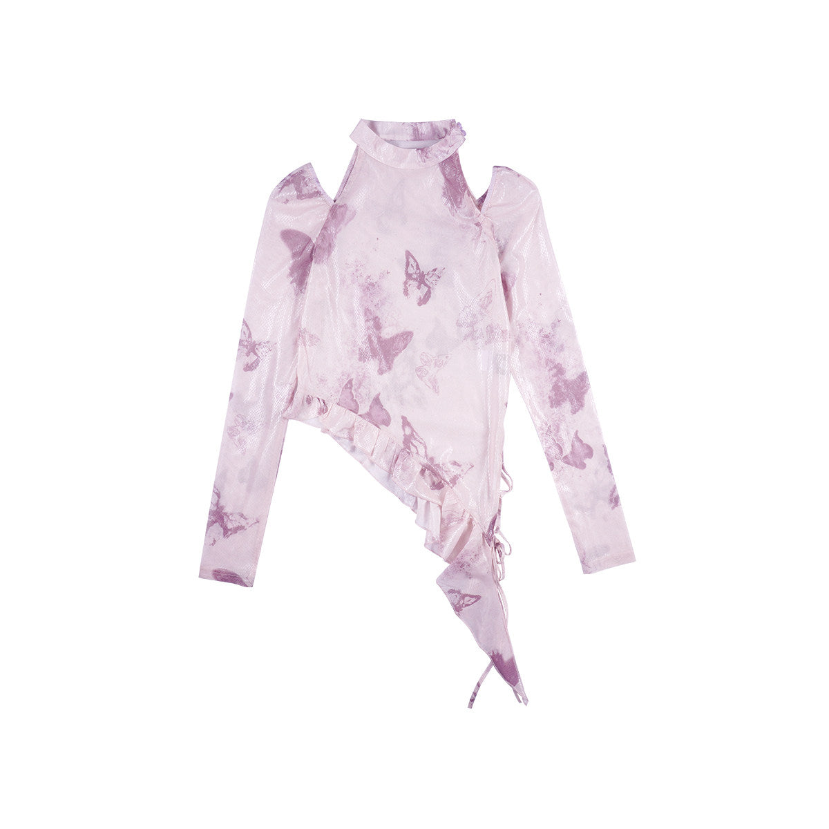 Pink Butterfly Print Shimmer Mesh High-Neck Asymmetric Ruffle Top