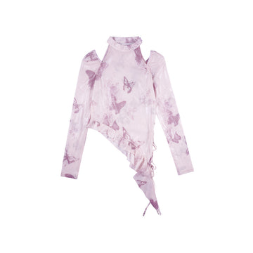 Pink Butterfly Print Shimmer Mesh High-Neck Asymmetric Ruffle Top