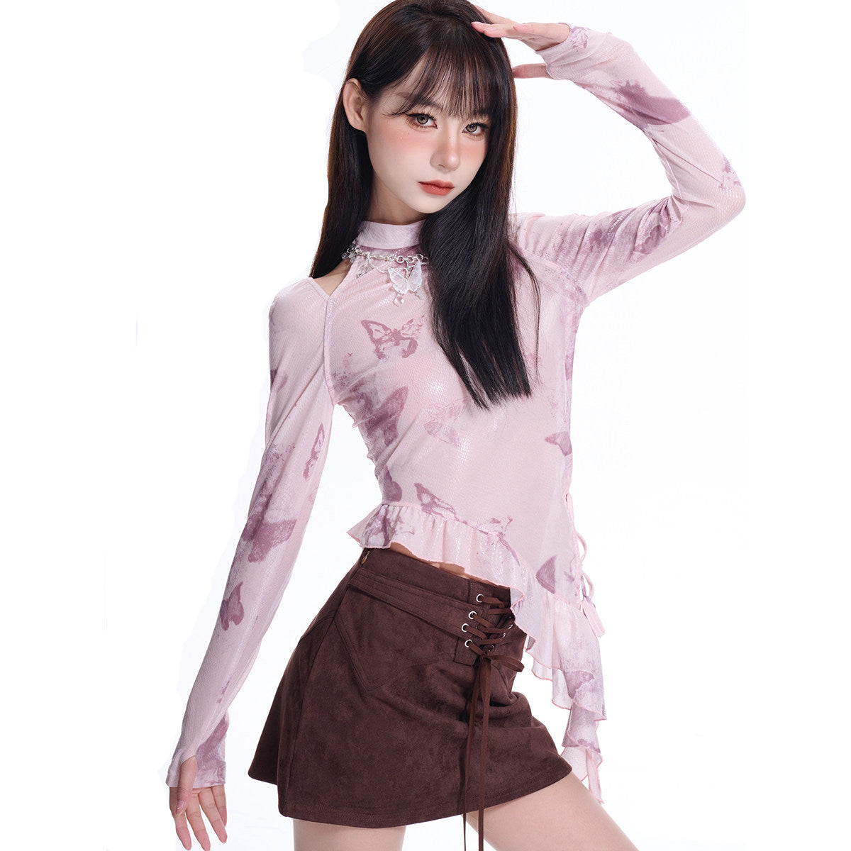 Pink Butterfly Print Shimmer Mesh High-Neck Asymmetric Ruffle Top
