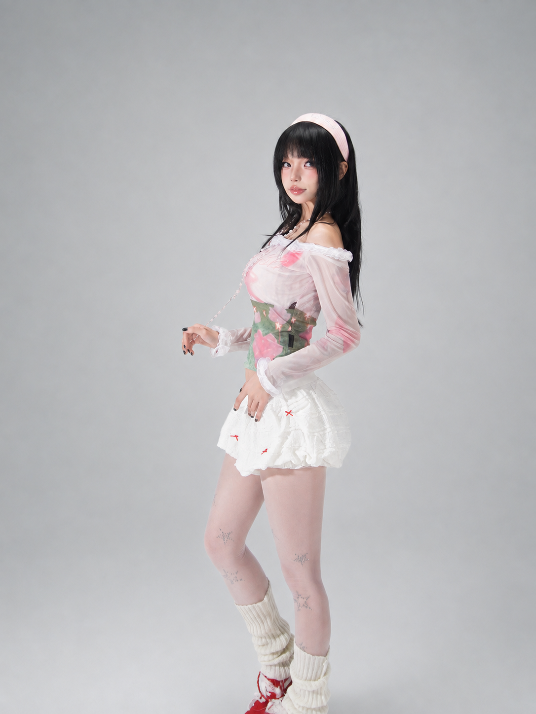 Pink Dreamcore Mushroom Star Print Sheer Mesh Lace Off-Shoulder Top