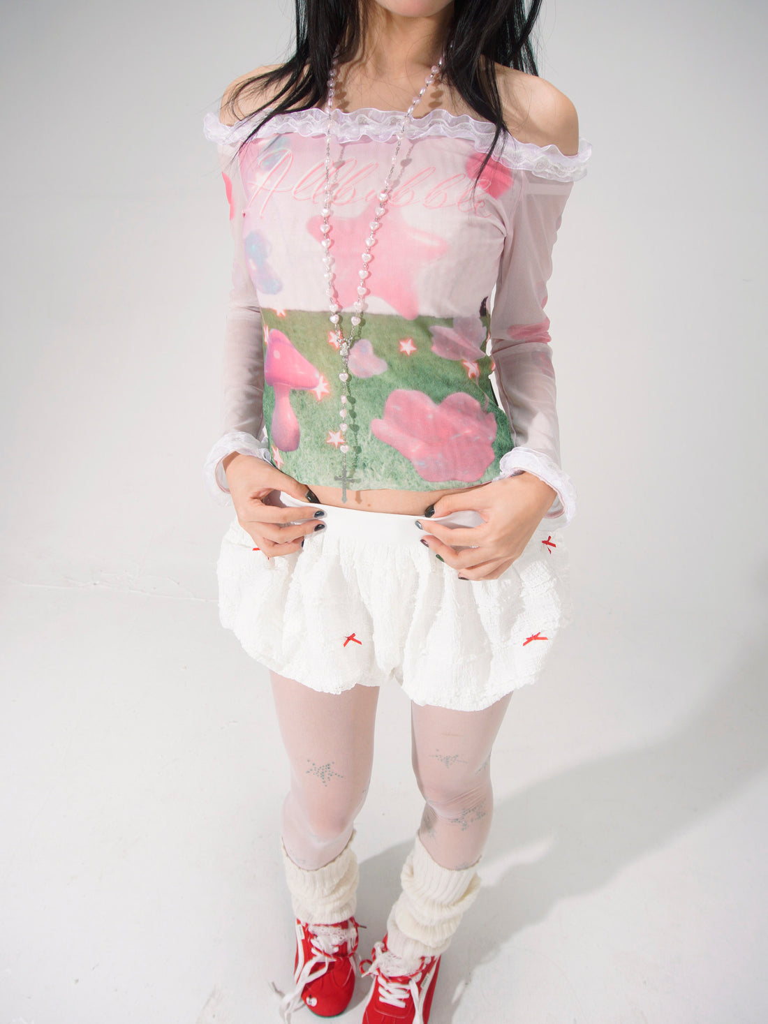 Pink Dreamcore Mushroom Star Print Sheer Mesh Lace Off-Shoulder Top