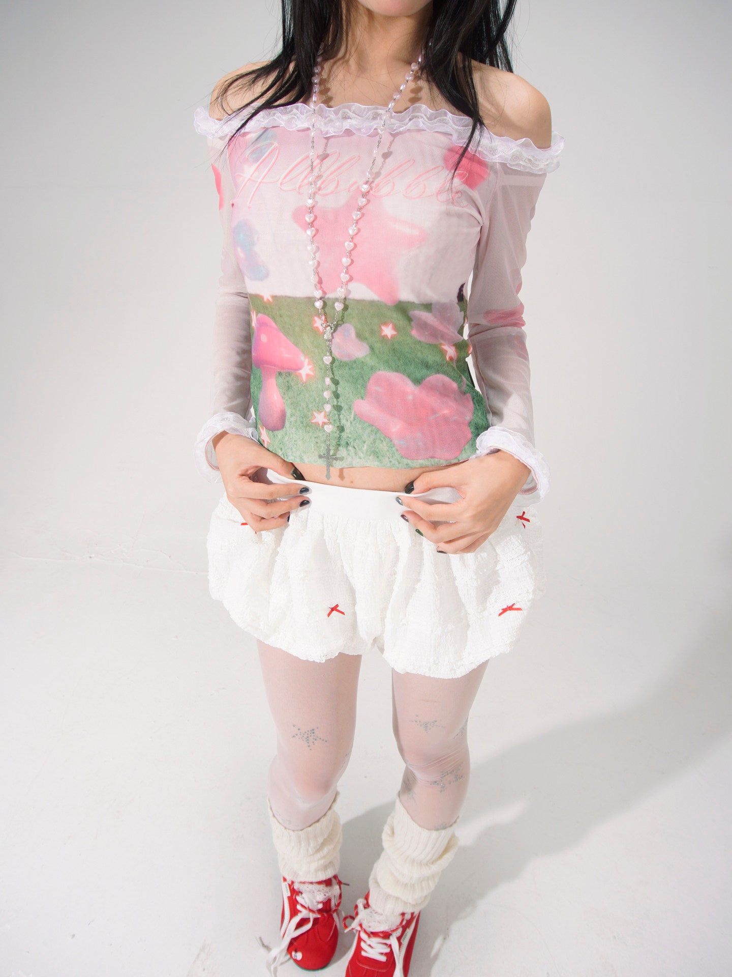 Pink Dreamcore Mushroom Star Print Sheer Mesh Lace Off-Shoulder Top