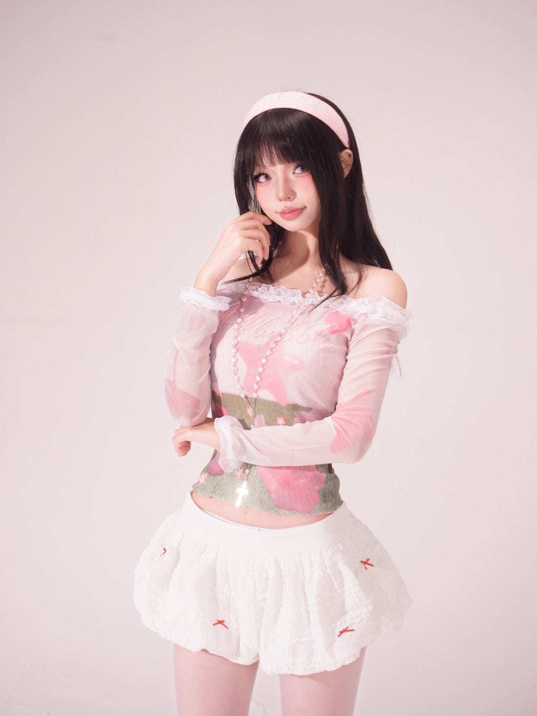 Pink Dreamcore Mushroom Star Print Sheer Mesh Lace Off-Shoulder Top